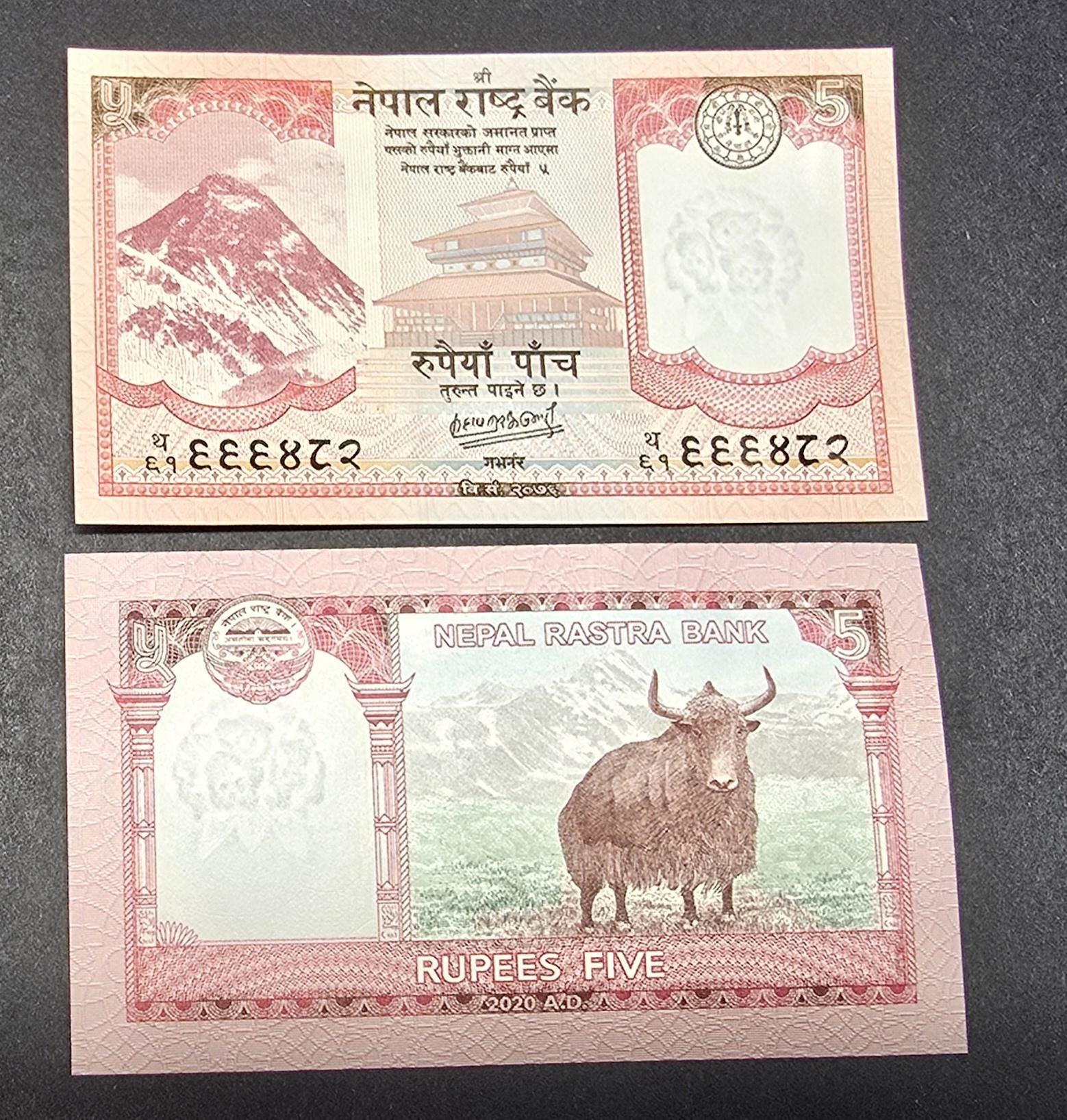 NEPAL 5 Rupees, P- 76, UNCIRCULATED from 2017; Mount Everest; Yak