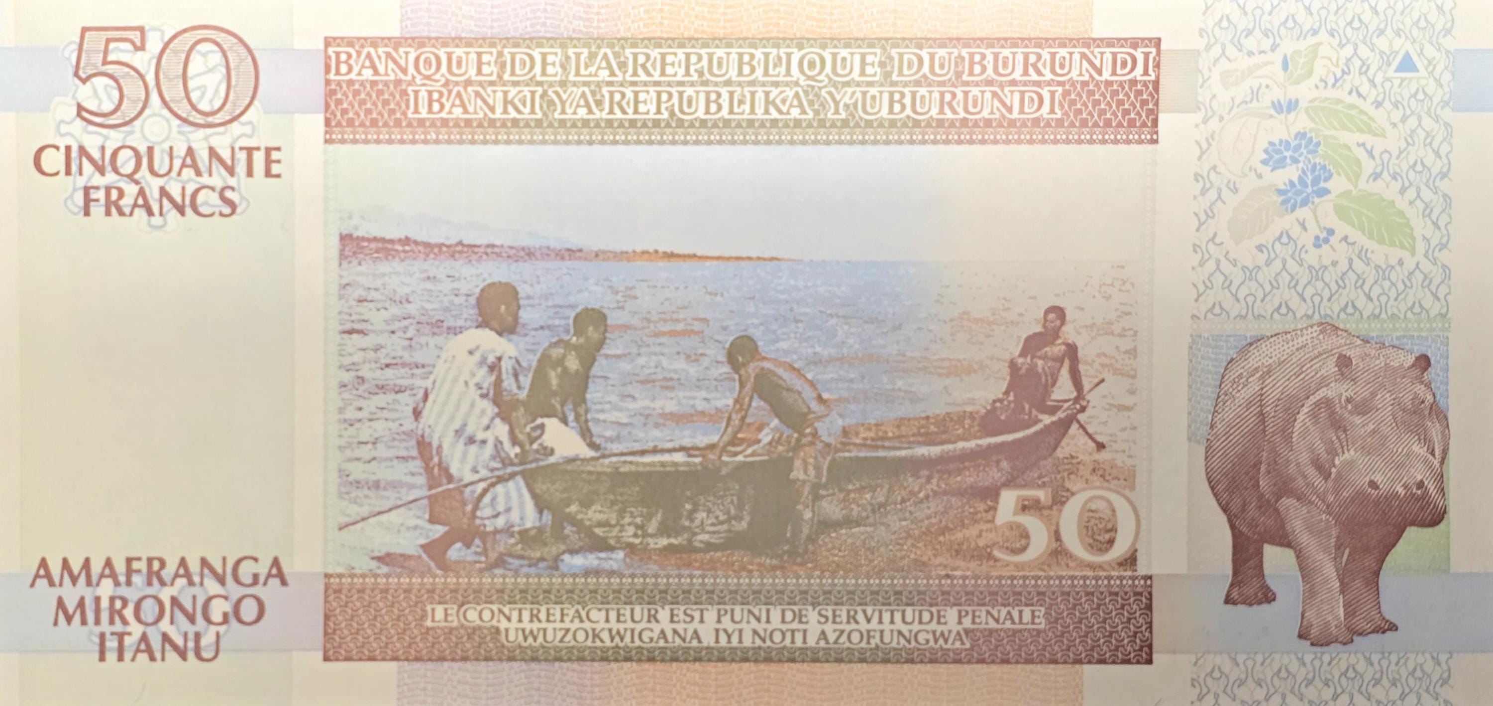 BURUNDI 50 Francs; P -36e; UNCIRCULATED; 2005; features Boat and Hippopotamus