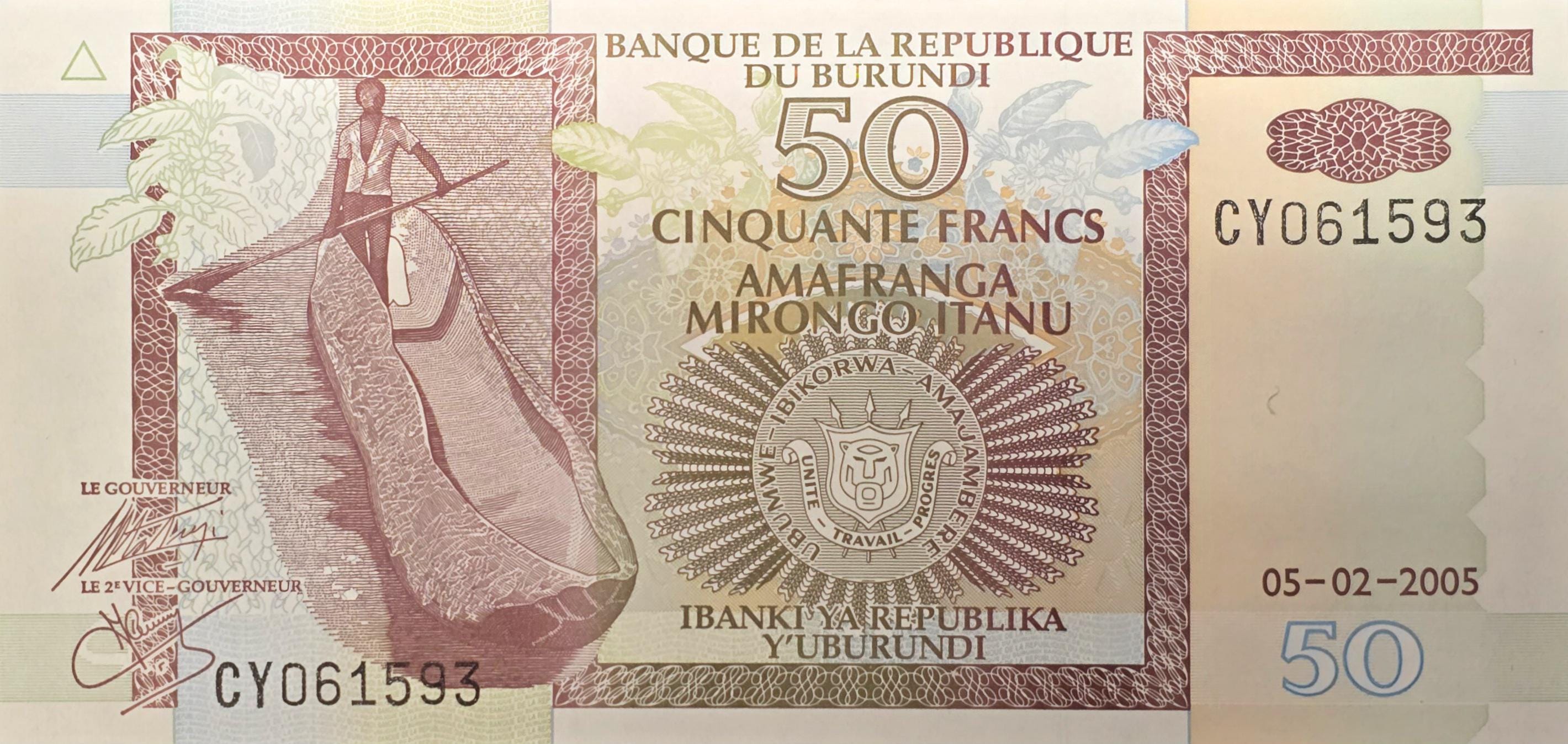 BURUNDI 50 Francs; P -36e; UNCIRCULATED; 2005; features Boat and Hippopotamus