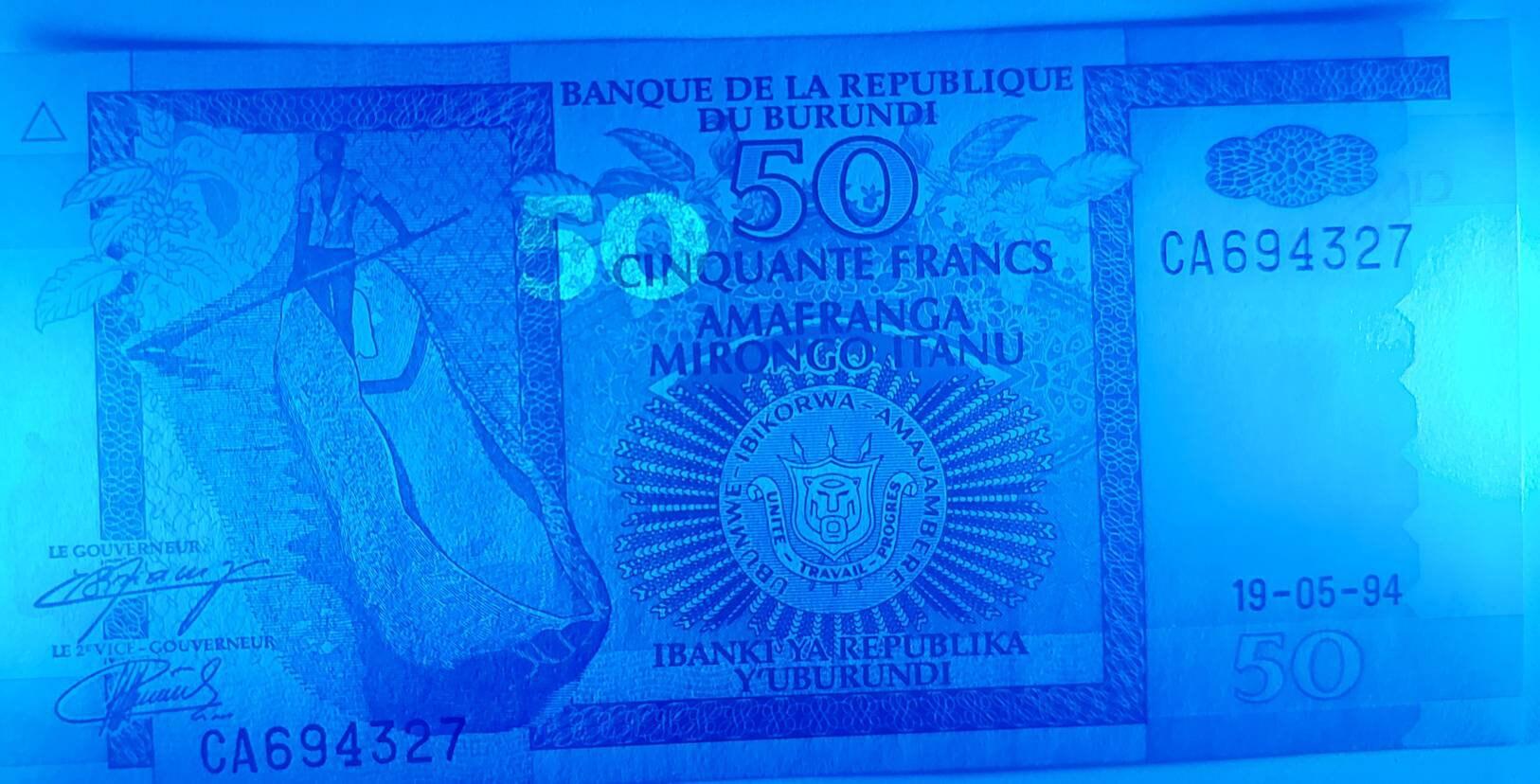 BURUNDI 50 Francs; P -36a; UNCIRCULATED, 1994; different signatures and date; features Boat and Hippopotamus