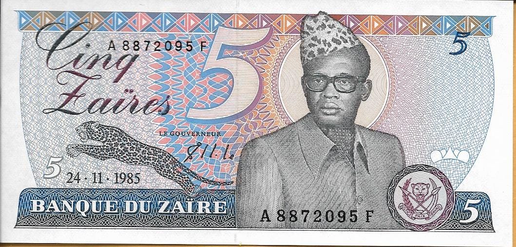 ZAIRE 5 Zaires, P-26A, UNCIRCULATED, 1985, features a Leaping LEOPARD