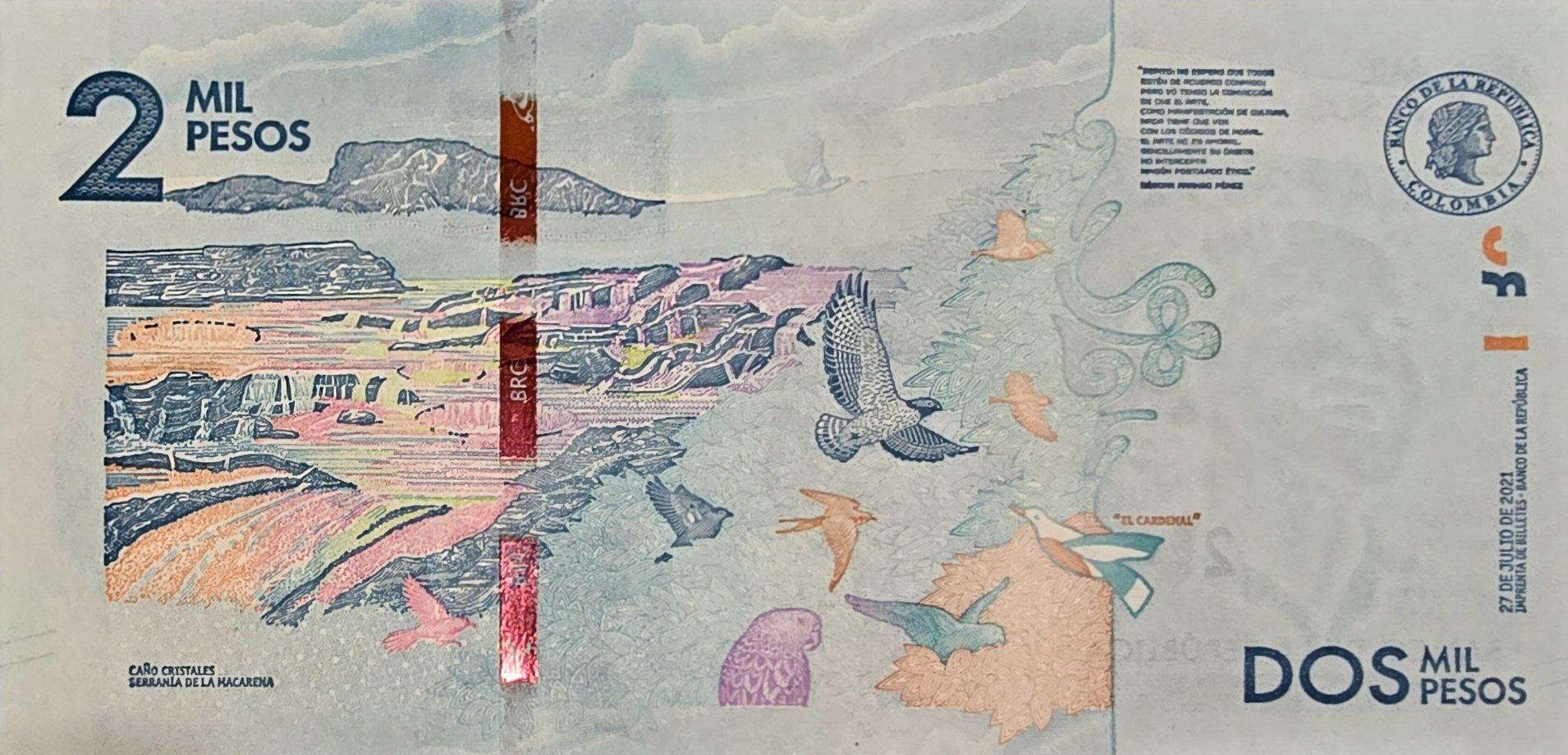 COLOMBIA 2000 Pesos B-993e, UNCIRCULATED, 2021; features birds; Debora Cristales