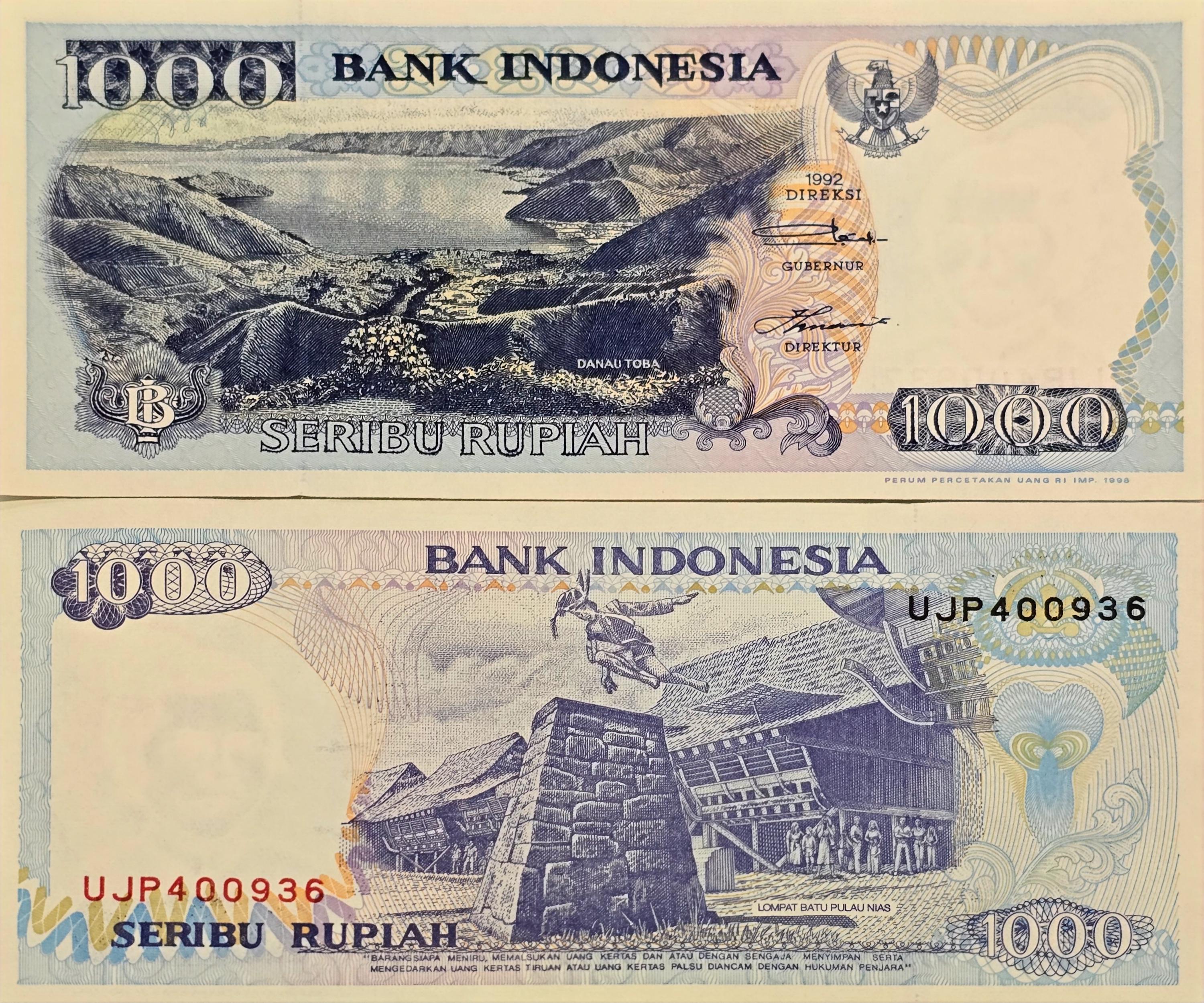 INDONESIA 1000 Rupiah, P- 129g, UNCIRCULATED from 1998; Lake Toba, stone jumping