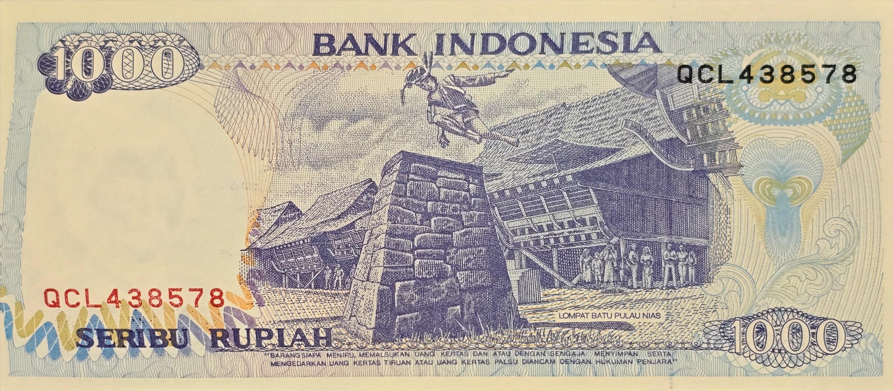INDONESIA 1000 Rupiah, P- 129f, UNCIRCULATED, 1997; Lake Toba, stone jumping