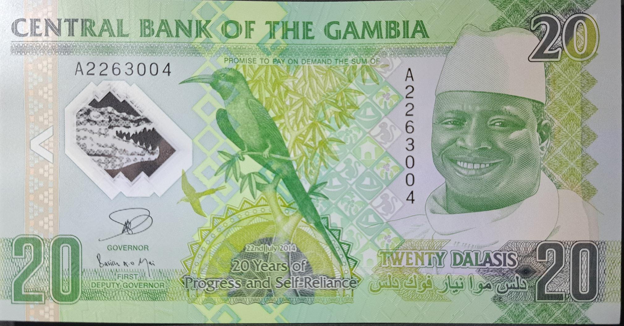 GAMBIA 20 Dalasis Banknote; P -30; 2014, UNCIRCULATED; PREFIX A; Featuring a Carmine Bee Eater