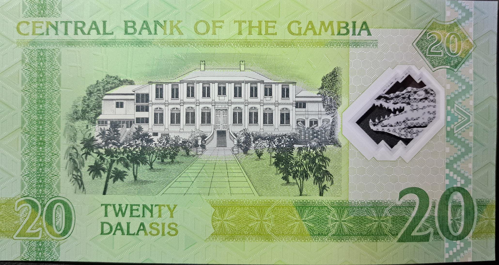 GAMBIA 20 Dalasis Banknote; P -30; 2014, UNCIRCULATED; PREFIX A; Featuring a Carmine Bee Eater