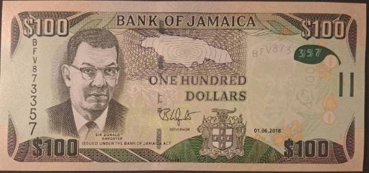 JAMAICA 100 Dollars; P-95e; UNCIRCULATED from 2018 featuring Dunns River Falls