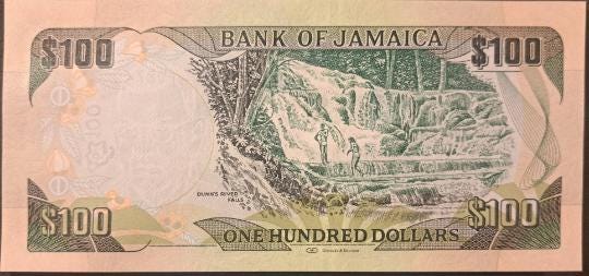 JAMAICA 100 Dollars; P-95e; UNCIRCULATED from 2018 featuring Dunns River Falls