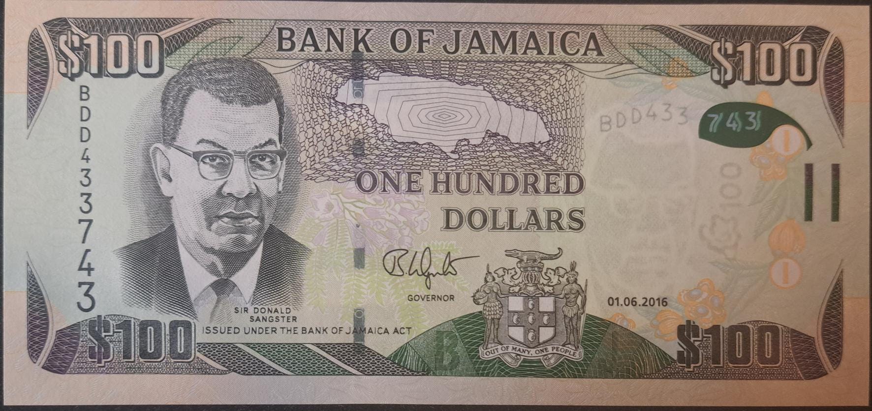 JAMAICA 100 Dollars; P-95d; UNC from 2016 featuring Dunns River Falls