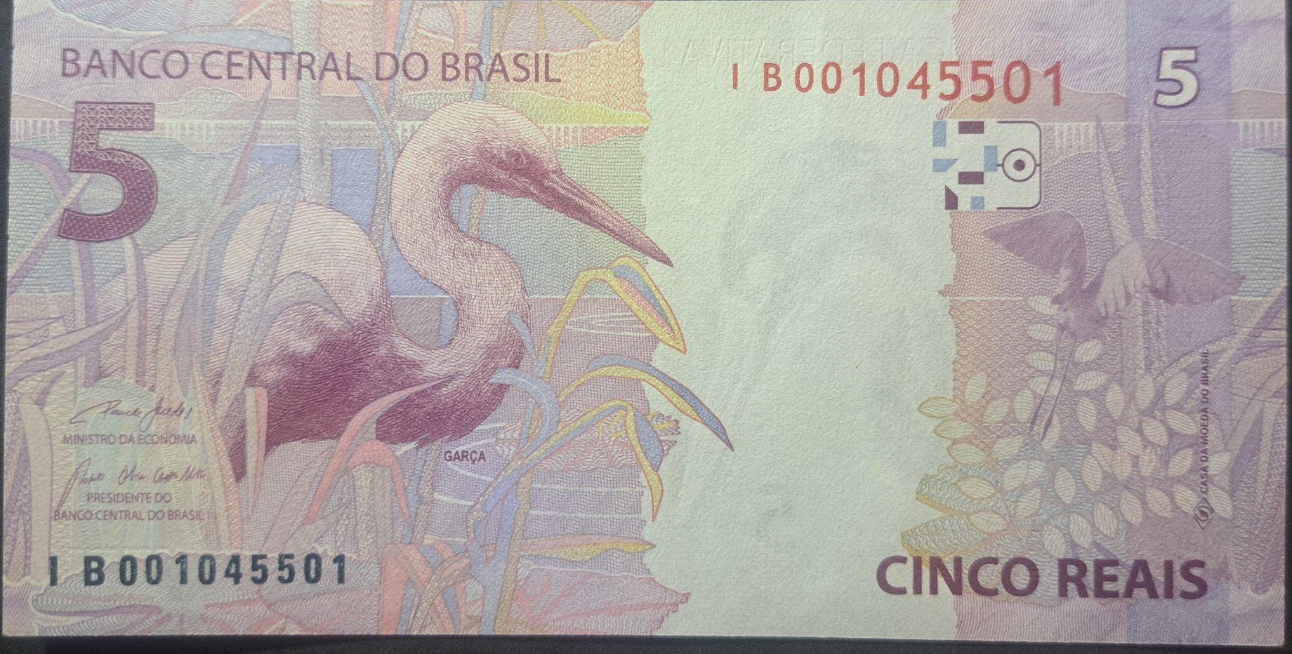 Brazil 5 Reais, P-253f; UNCIRCULATED, 2010; features an Egret and as a watermark