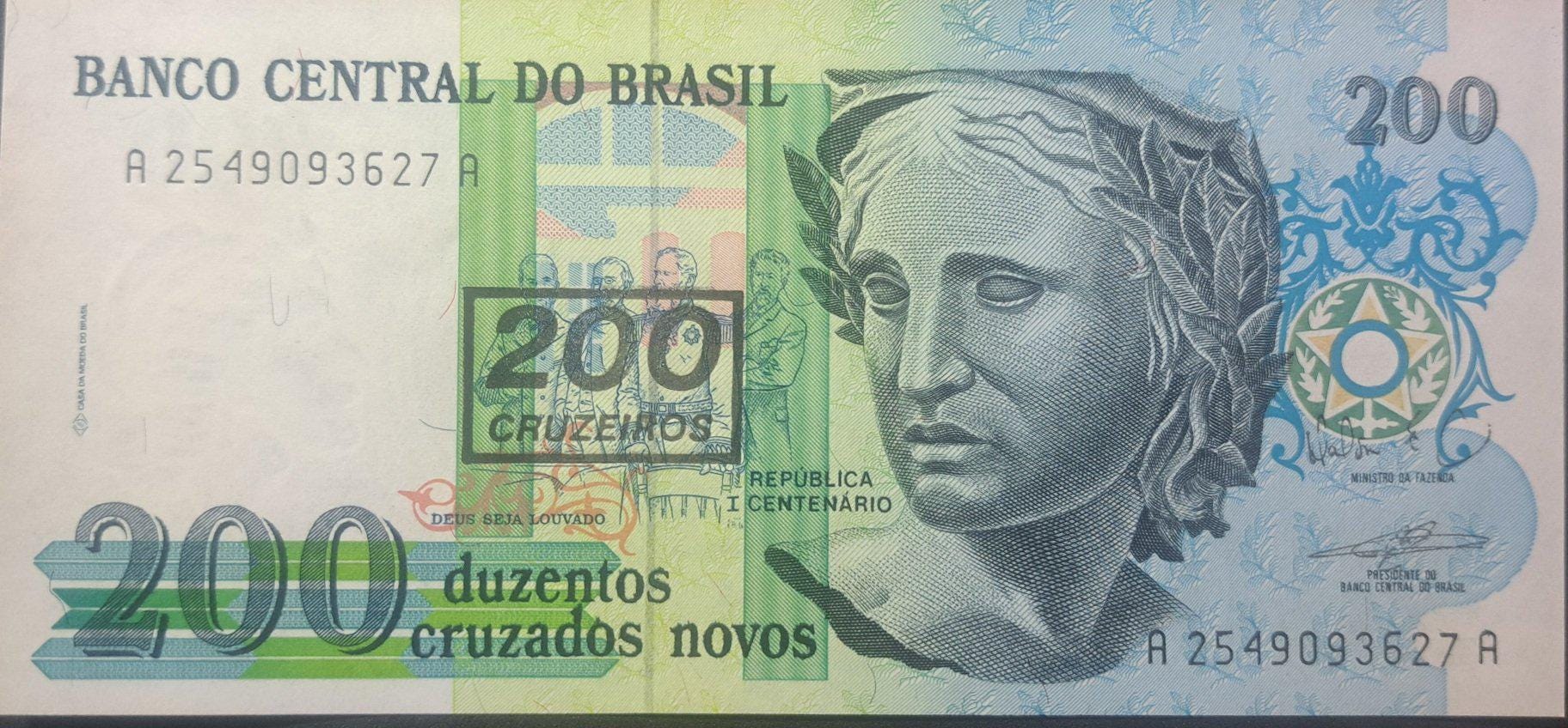 Brazil 200 Cruzeiros on 200 Cruzados Novos Banknote, P-225b; UNCIRCULATED, 1990; Features the painting: Patria