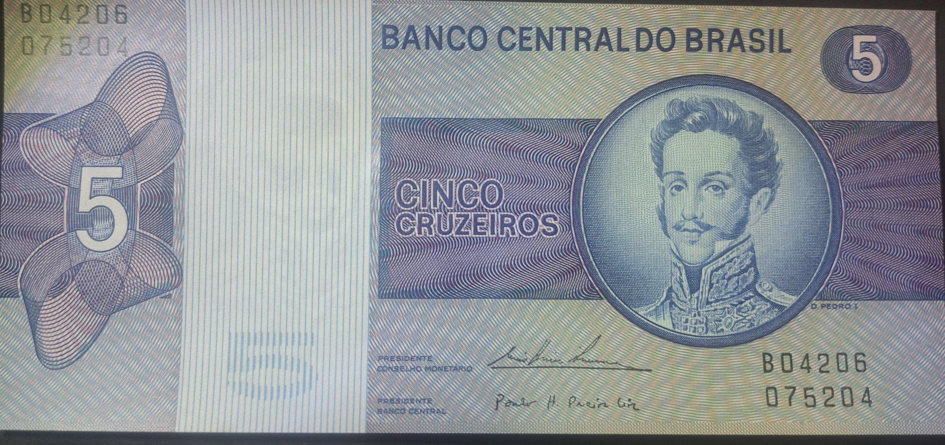 Brazil 5 Cruzeiro Banknote; P -192c; UNCIRCULATED from 1980; Features Dom Pedro I