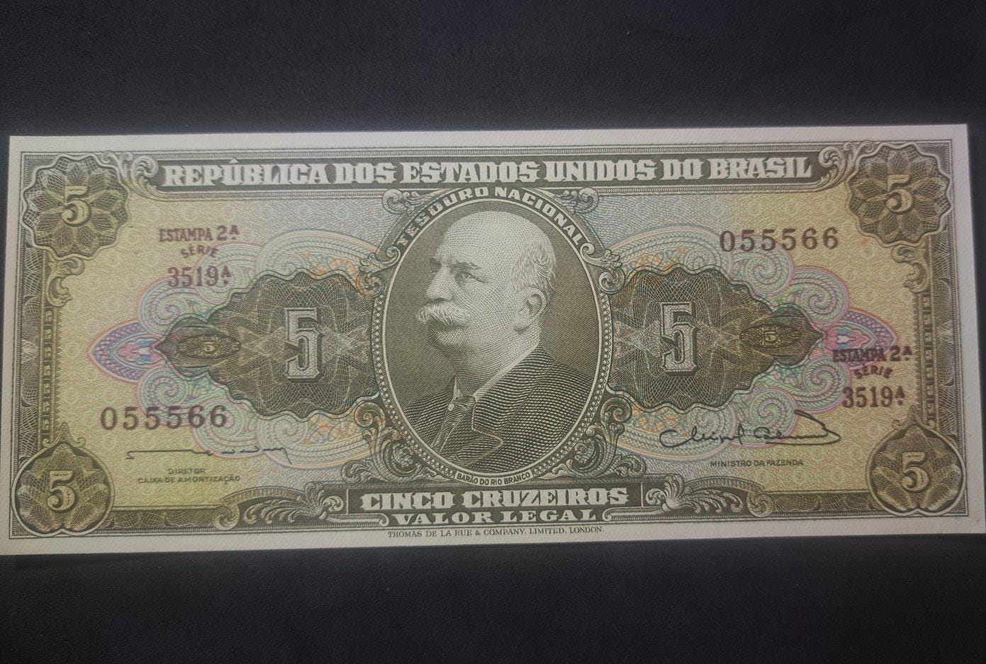Brazil 5 Cruzeiros, P-176b; UNCIRCULATED; 1964; features the Amazon Conquest