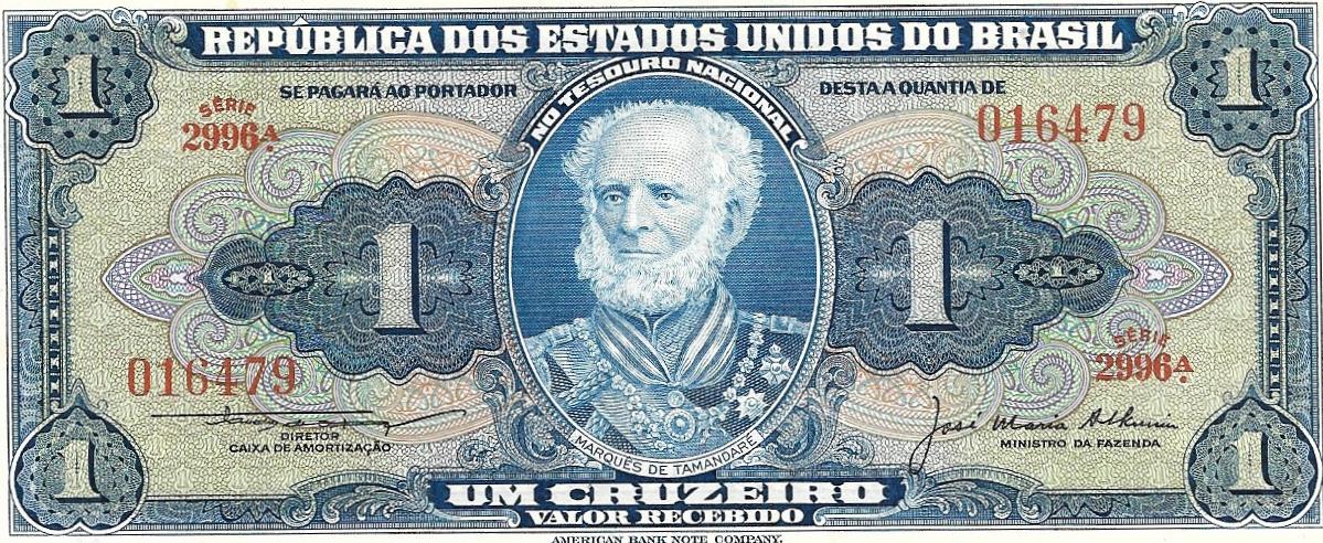 Brazil 1 Cruzeiro Banknote; P-150c, UNCIRCULATED, 1954-1958 ~ features Naval School