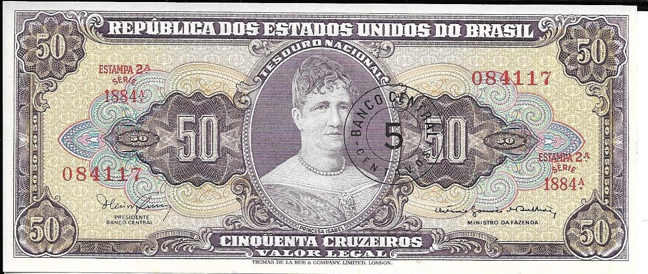 Brazil 5 Centavos on a 50 Cruzeiros Banknote; P-184b; UNCIRCULATED; 1967; features Princess Isabel