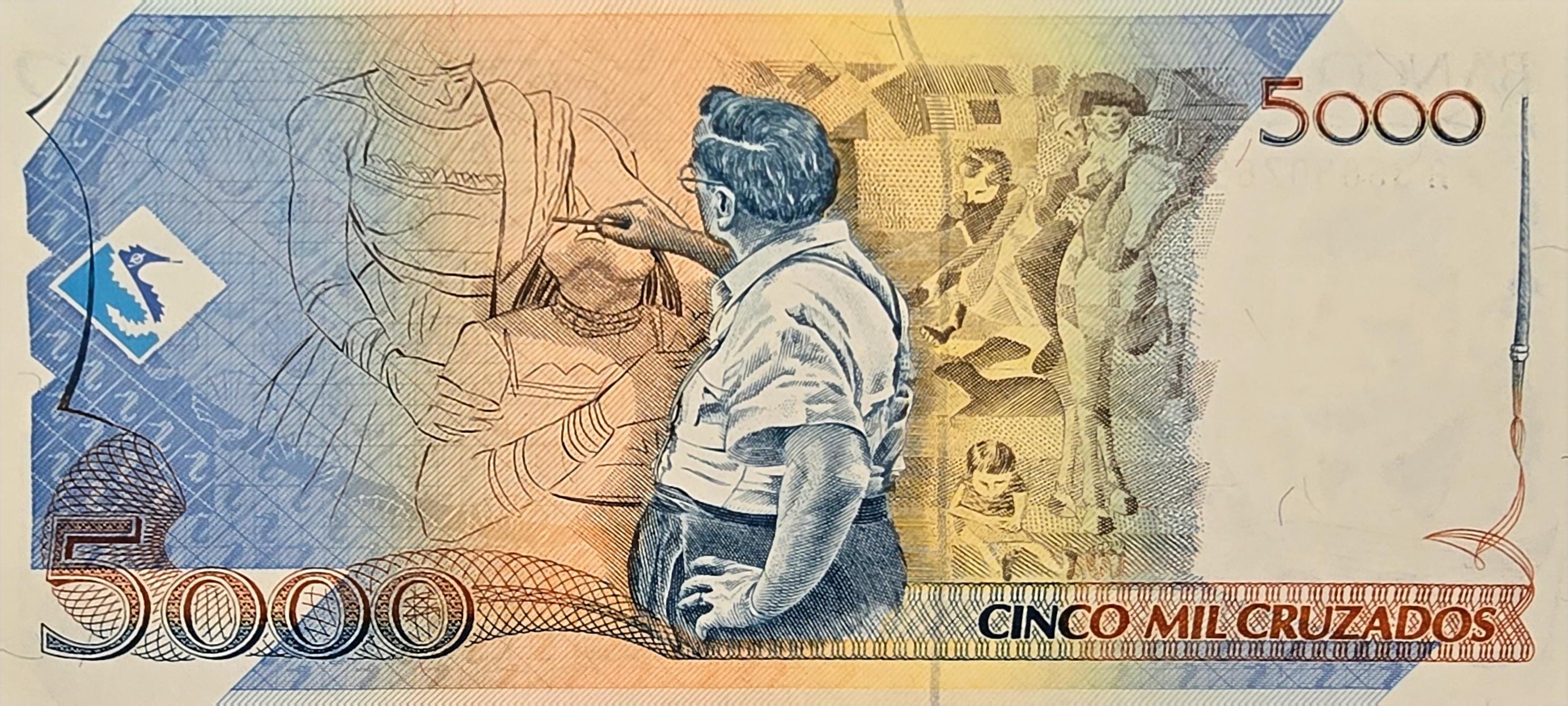 Brazil 5 Cruzados Novos Overprint Banknote, P-217b, UNCIRCULATED, 1989, Features C. Portinari painting
