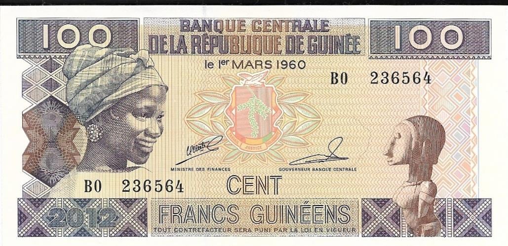 GUINEA 100 Francs; P35b; UNCIRCULATED; 2012; Young Woman and Carving