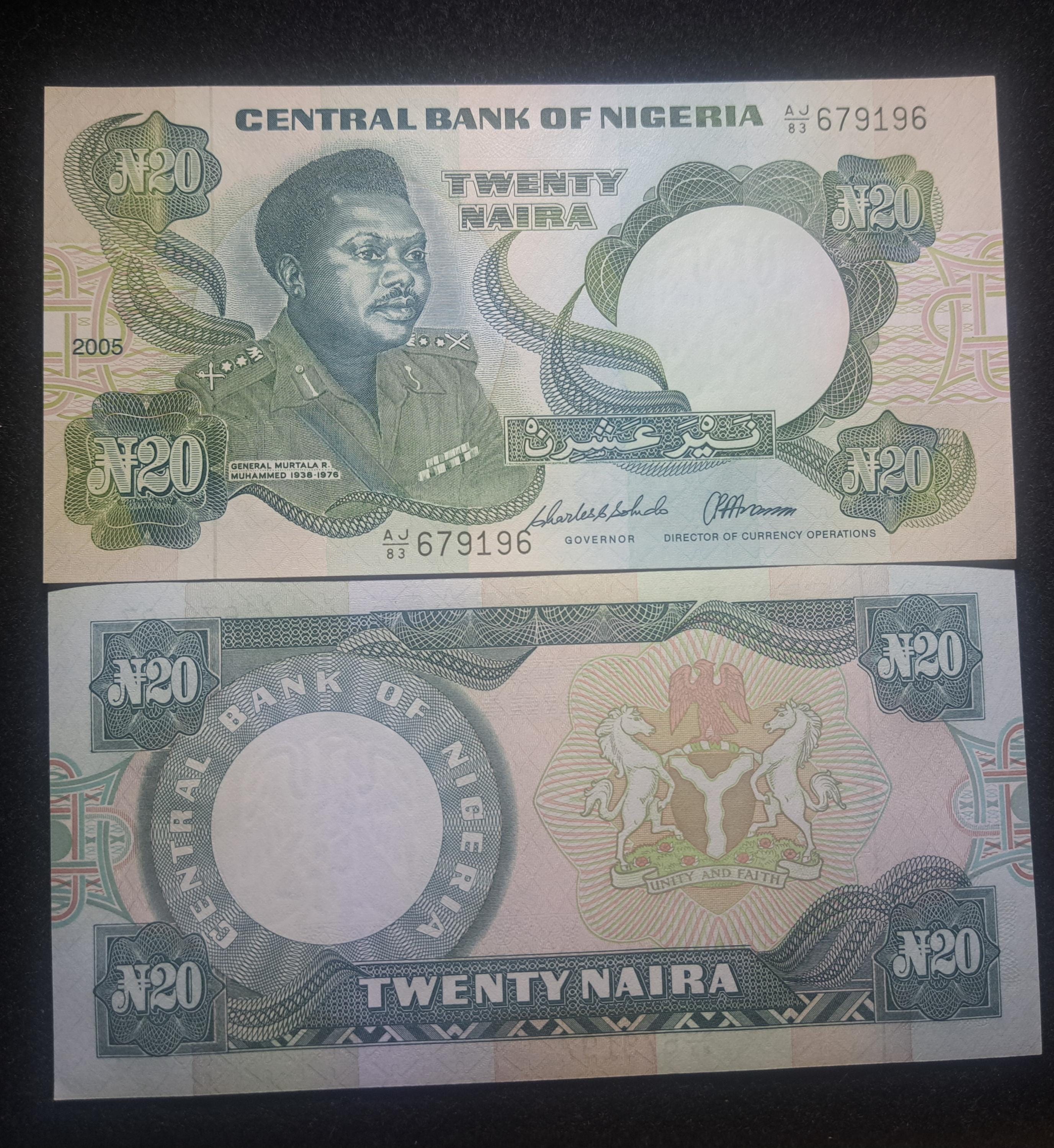 NIGERIA 20 Naira Banknote, P- 26i, UNC from 2005; features Arms with Horses