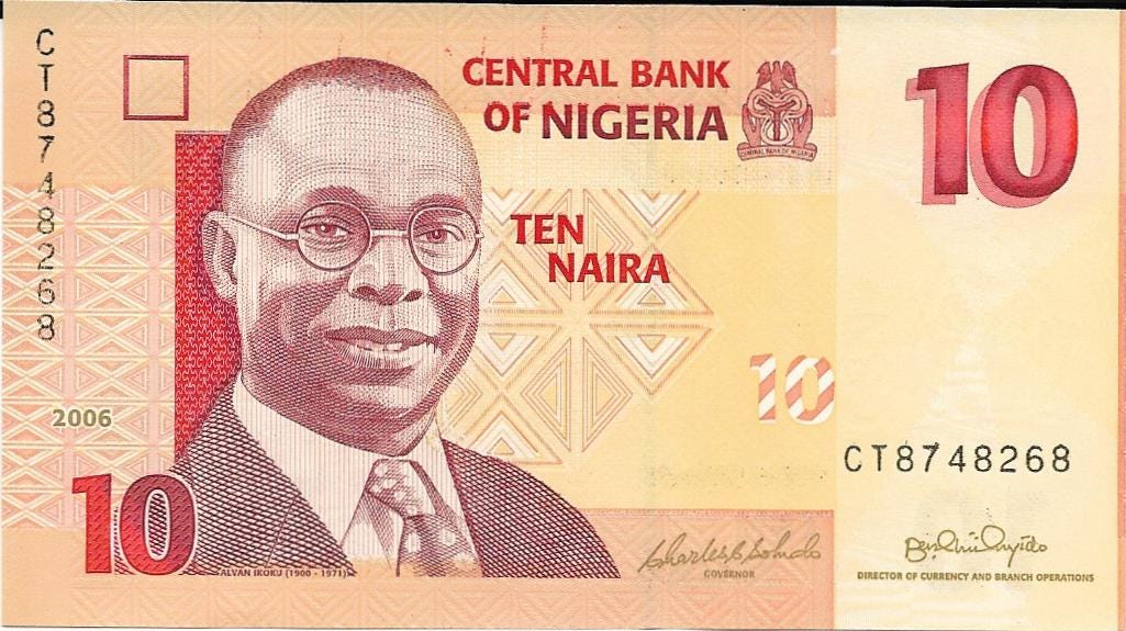 Nigeria 10 Naira Banknote; P-33a, UNCIRCULATED, 2006; features women carrying baskets