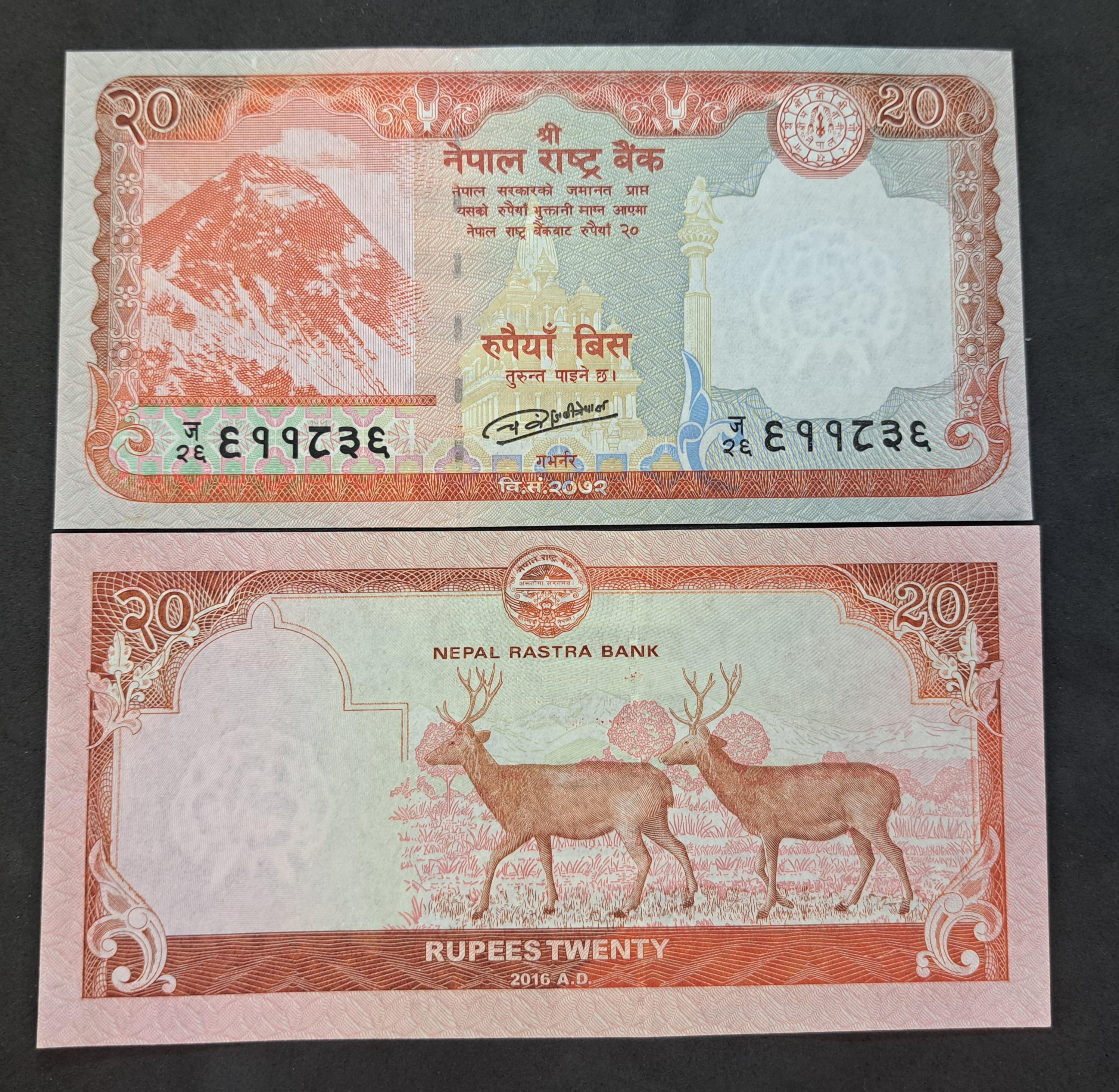 NEPAL 20 Rupees banknote; P-78, UNCIRCULATED, 2016; features a Swamp Deer; Mount Everest