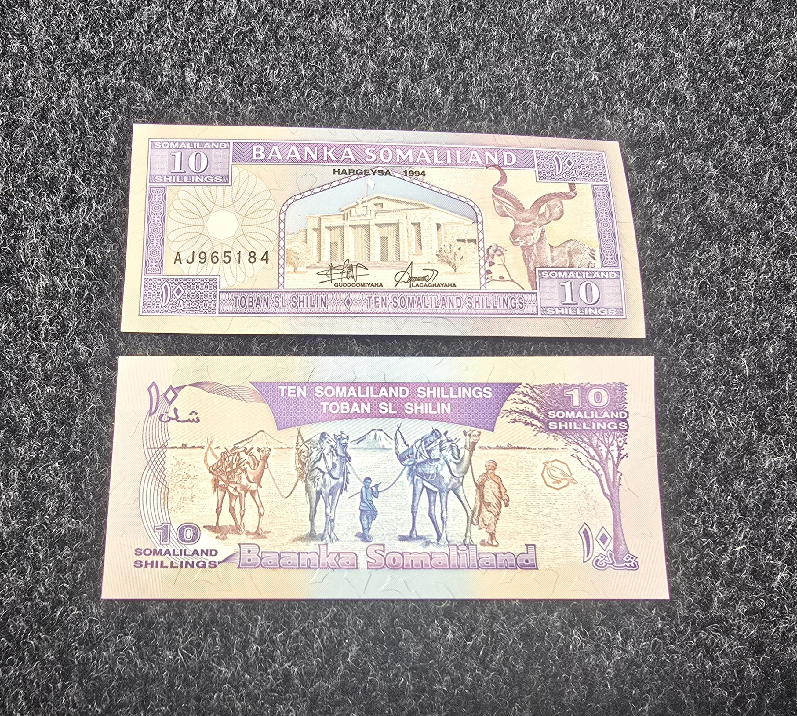 SOMALILAND  10 Shillings Banknote; P-2a, UNCIRCULATED from 1994; Featuring a Camel and Kadu