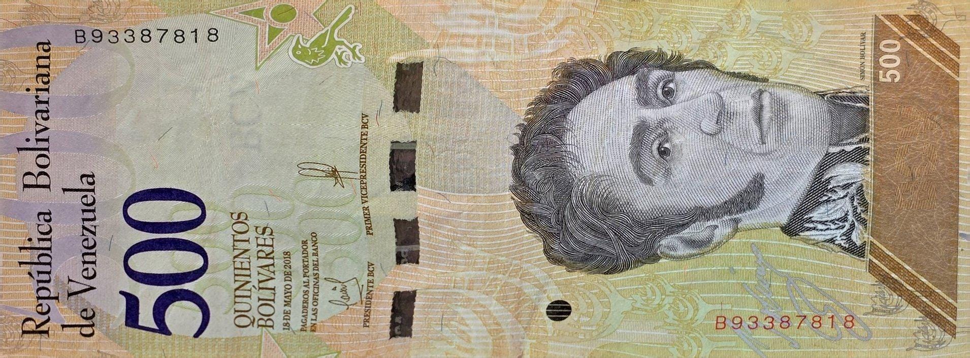 Venezuela 500 Bolivares Soberano Banknote, P-108b, CIRCULATED from 2018; features Tropical Bird with Park