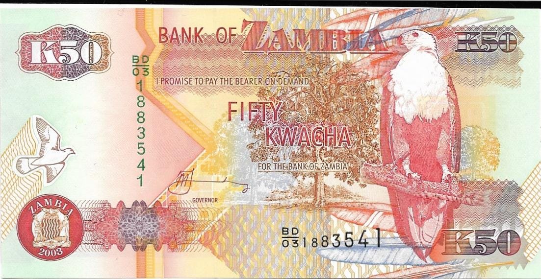 ZAMBIA 50 Kwacha, P-37d, UNCIRCULATED, 2003, African Fish Eagle; ZEBRA