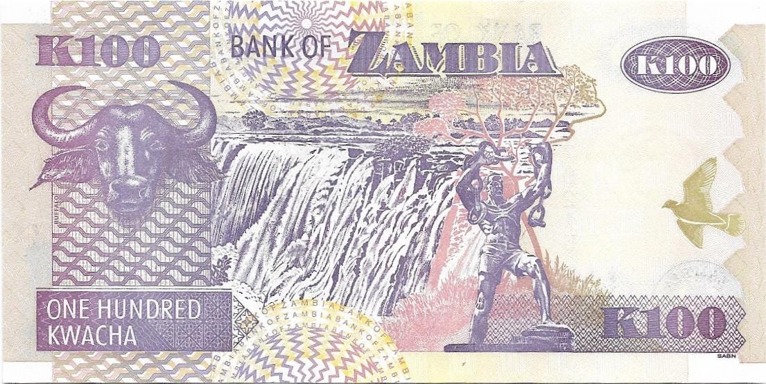 ZAMBIA 100 Kwacha, P-38d, UNCIRCULATED, 2003, African Fish Eagle; Water Buffalo