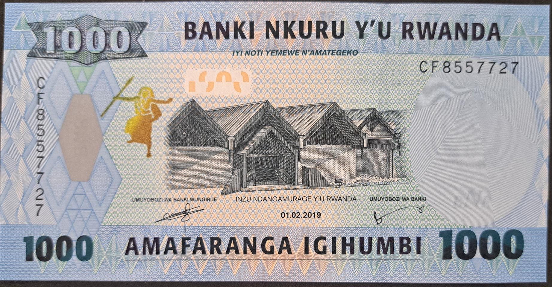 Rwanda 1000 Francs, P - 39b, UNCIRCULATED from 2019,  Featuring a Monkey