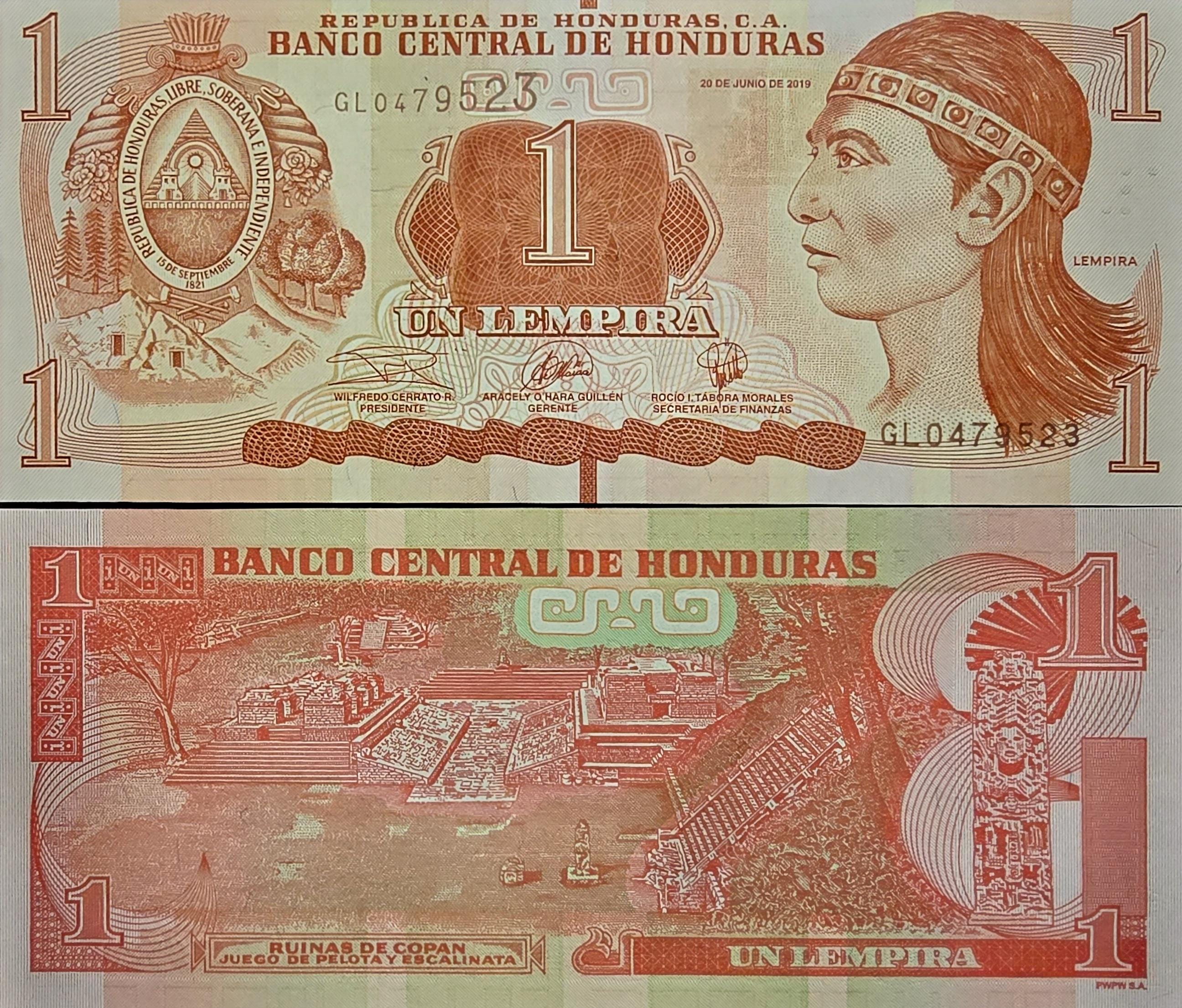 HONDURAS 1 Lempira Banknote, B-344d, UNCIRCULATED from 2019; featuring the Myan Ruins of Copan