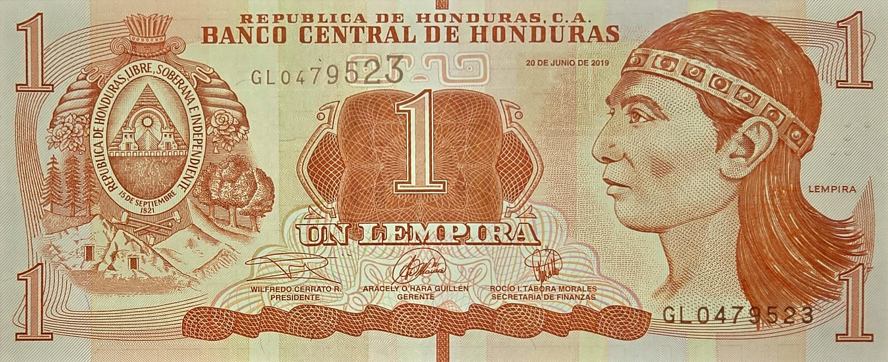 HONDURAS 1 Lempira Banknote, B-344d, UNCIRCULATED from 2019; featuring the Myan Ruins of Copan