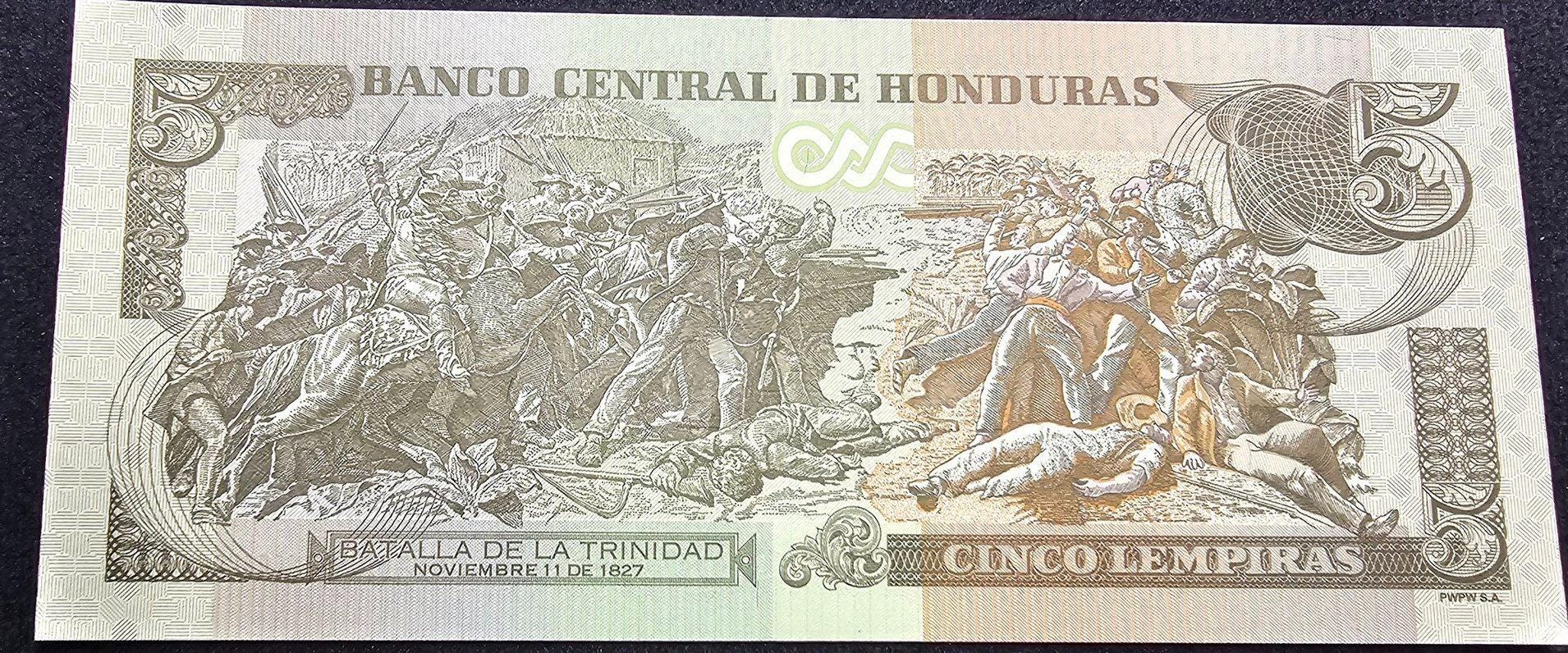 HONDURAS 5 Lempira Banknote, B-346d, UNCIRCULATED from 2019; featuring The Battle of Trinidad (1827)