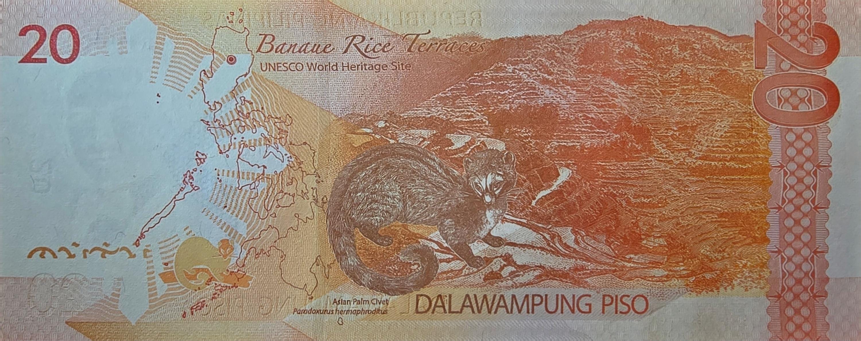 PHILIPPINES 20 Piso, B-1096a, 2022 UNCIRCULATED; Features an Asian Palm Civet