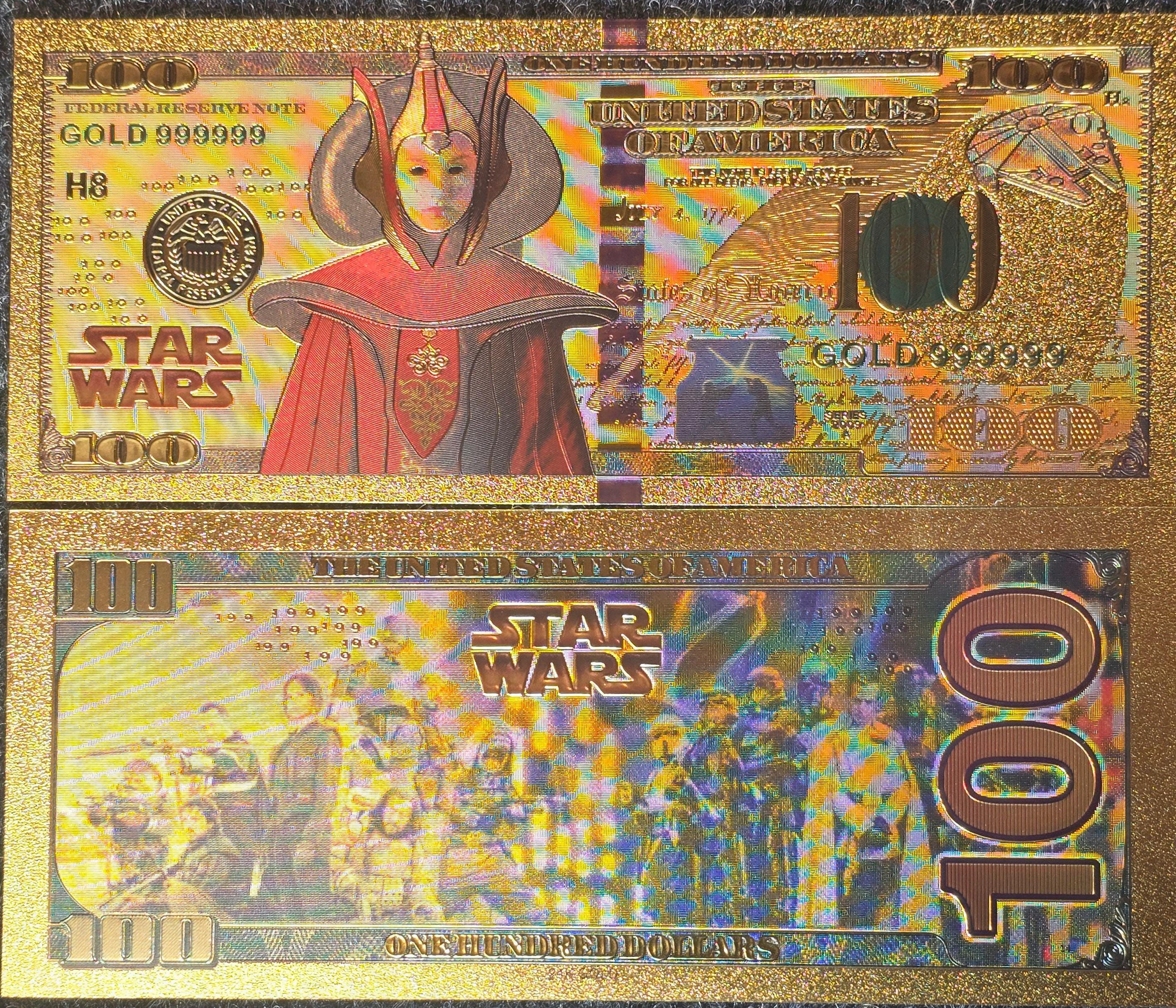 QUEEN AMIDALA: Star Wars Galaxy .9999 GOLD Foil 100 Dollars Fantasy Note; Full color scene on back; Comes in a Collector Display holder