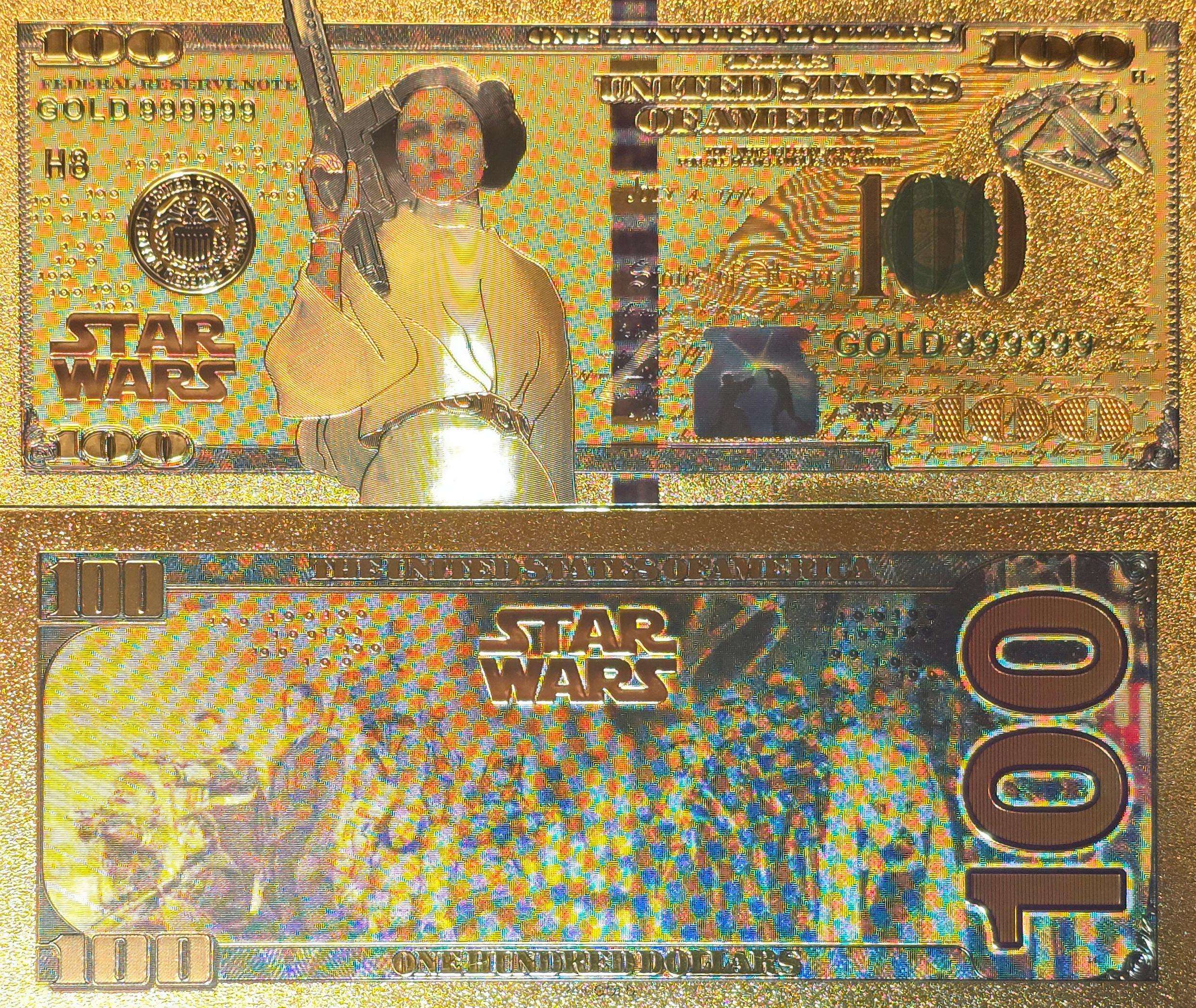PRINCESS LEIA: Star Wars Galaxy .9999 GOLD Foil 100 Dollars Fantasy Note; Full color scene on back; Comes in a Collector Display holder