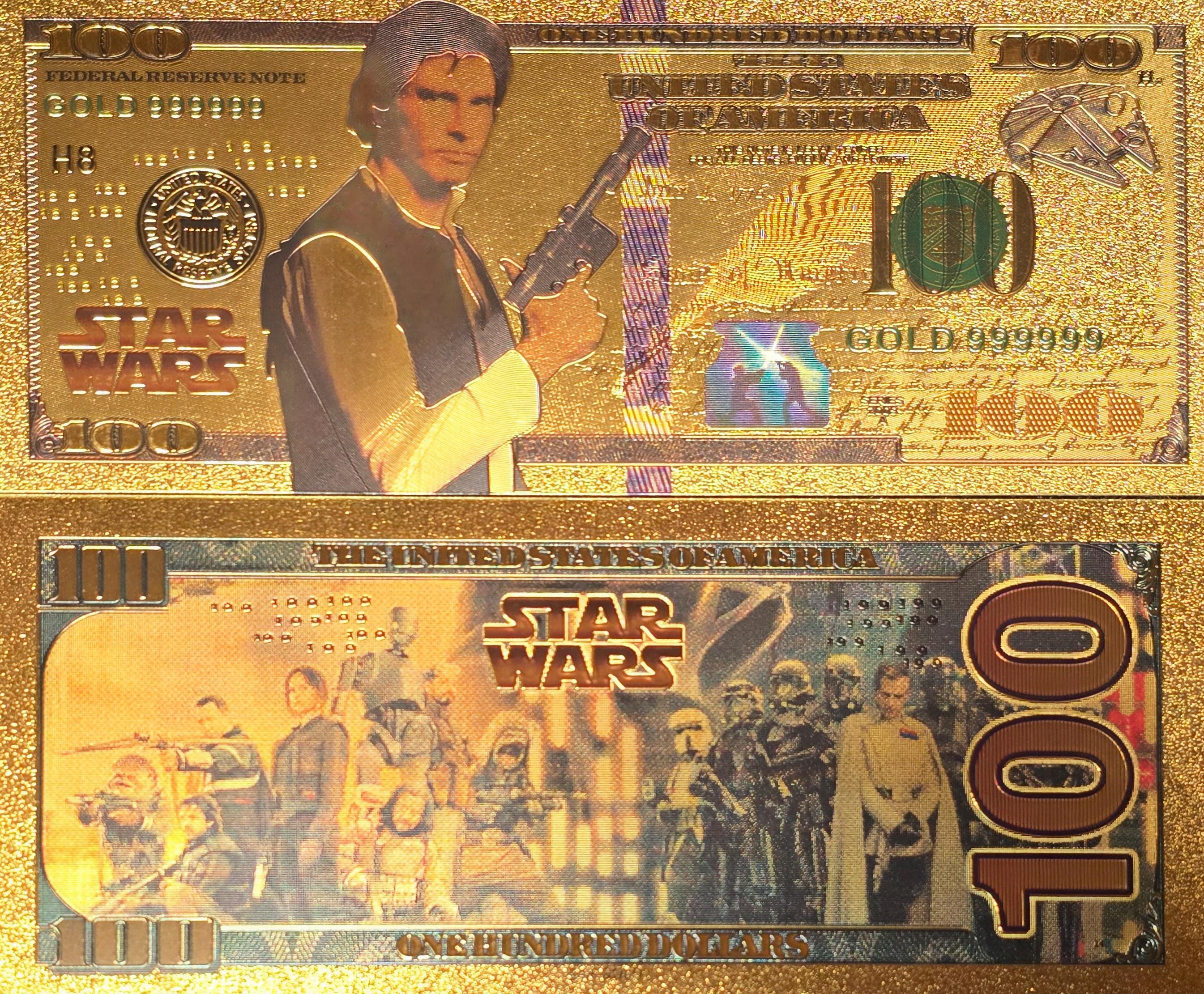 HAN SOLO: Star Wars Galaxy .9999 GOLD Foil 100 Dollars Fantasy Note; Full color scene on back; Comes in a Collector Display holder