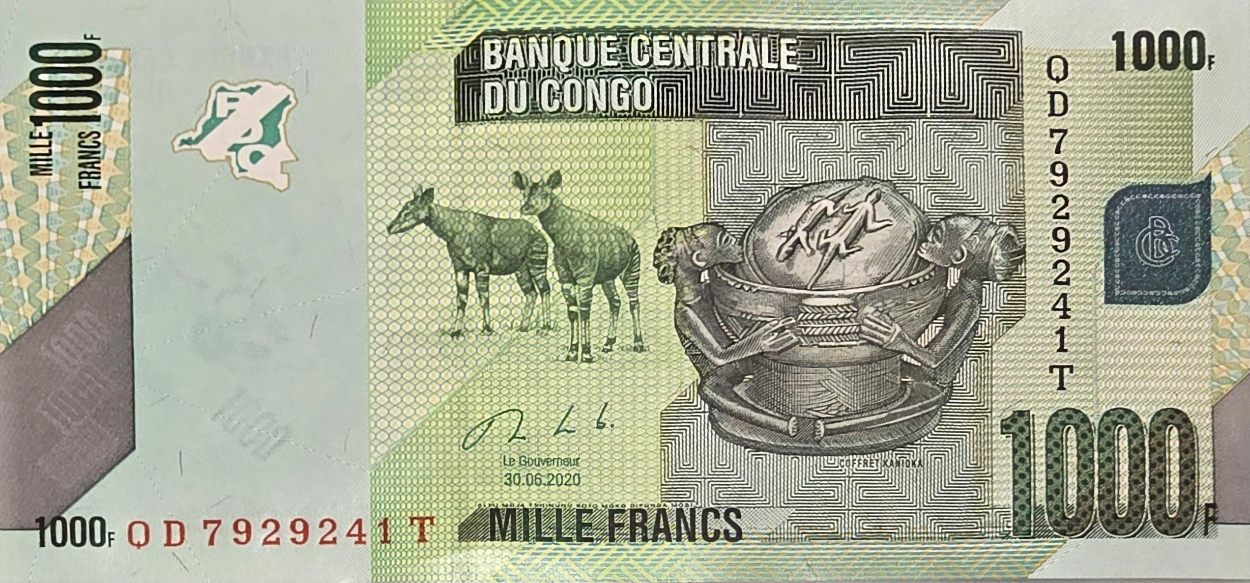 CONGO 1000 Francs, B-323c, UNCIRCULATED, 2020; Features Two Okapi; Lizards and a PARROT
