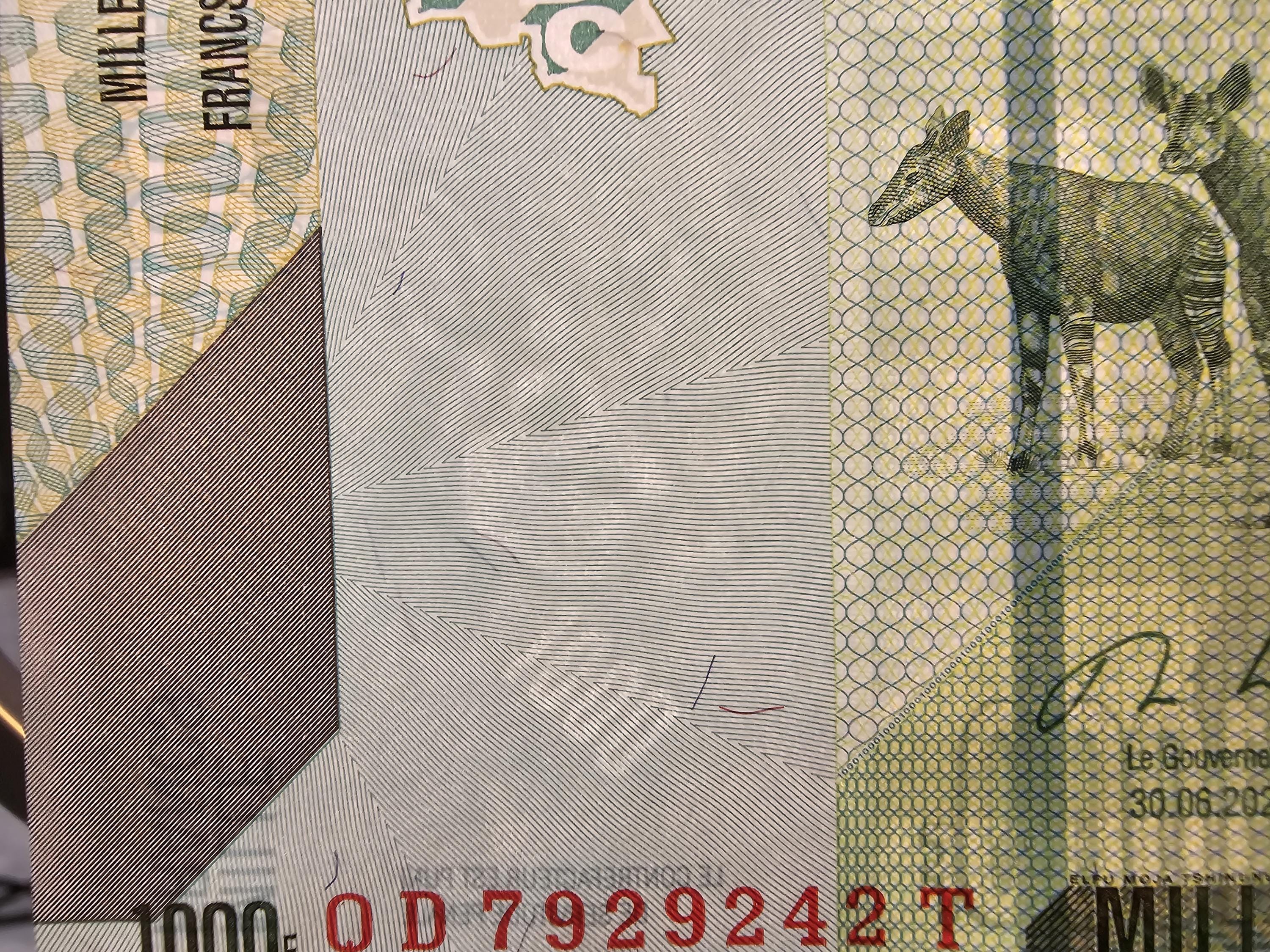 CONGO 1000 Francs, B-323c, UNCIRCULATED, 2020; Features Two Okapi; Lizards and a PARROT
