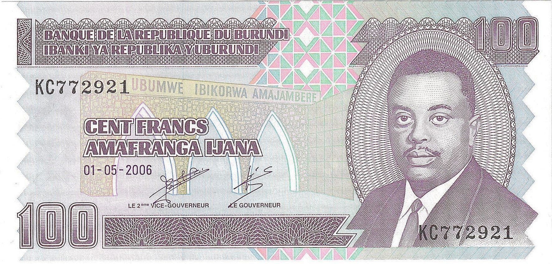 Burundi 100 Francs; P - 37e; Uncirculated; 2006; Prince Rwagasore; signatures and dates new
