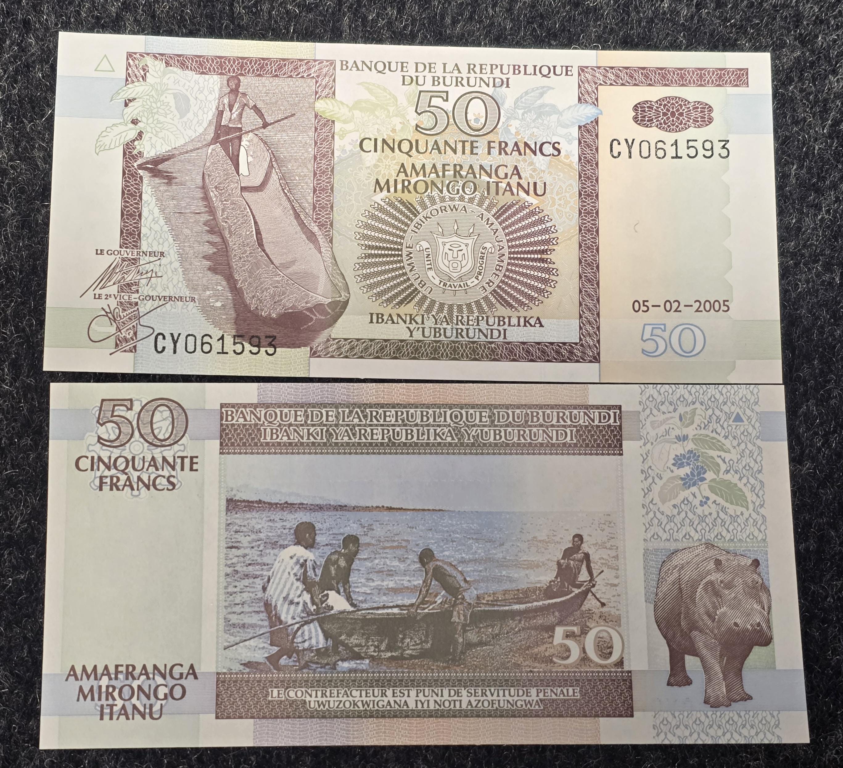 BURUNDI 50 Francs; P -36e; UNCIRCULATED; 2005; features Boat and Hippopotamus