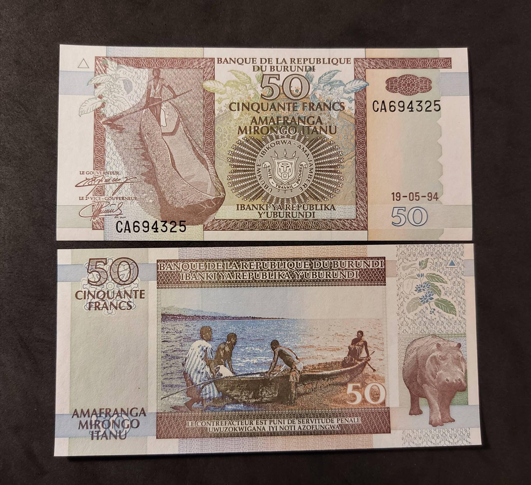 BURUNDI 50 Francs; P -36a; UNCIRCULATED, 1994; different signatures and date; features Boat and Hippopotamus