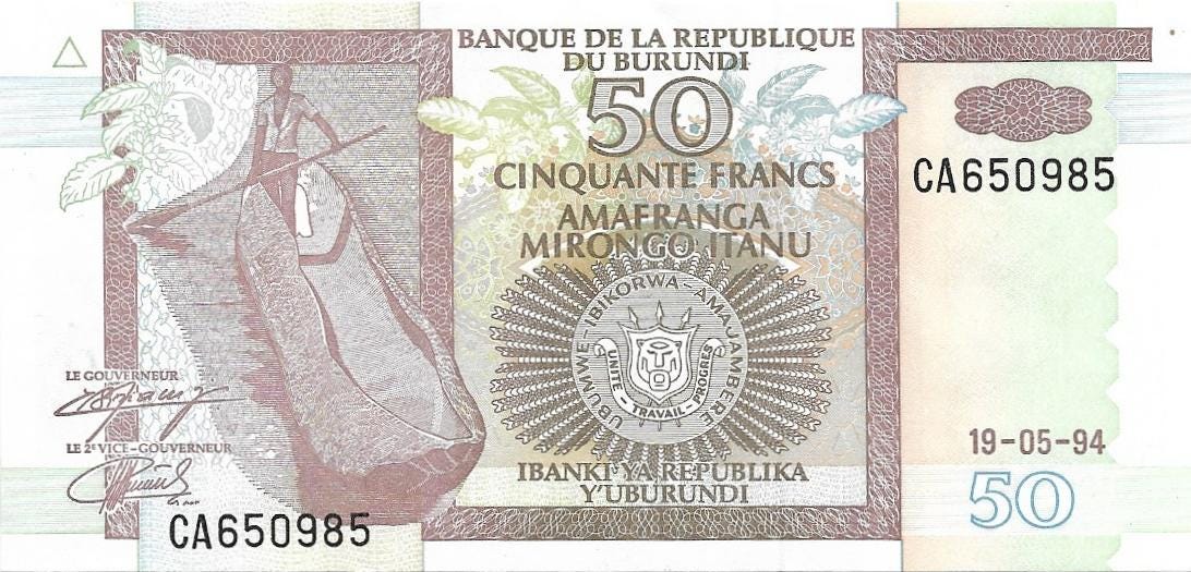 BURUNDI 50 Francs; P -36a; UNCIRCULATED, 1994; different signatures and date; features Boat and Hippopotamus