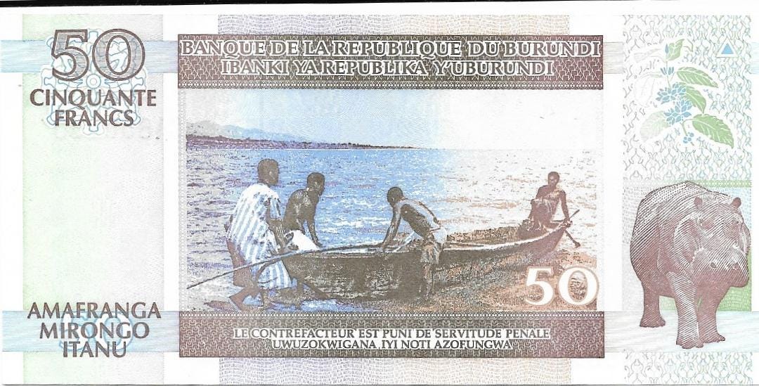 BURUNDI 50 Francs; P -36a; UNCIRCULATED, 1994; different signatures and date; features Boat and Hippopotamus