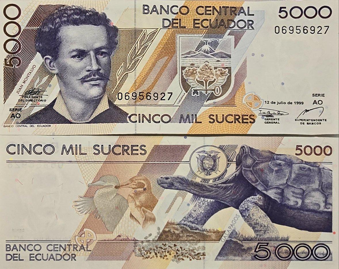 ECUADOR 5000 Sucres, P-126, UNCIRCULATED, 1999; Hard to Find - Penguin and Turtle