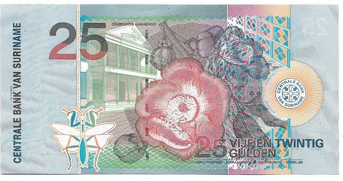 SURINAME 25 Gulden banknote, P- 148, UNC from 2000, Popular Note; Red Billed Toucan