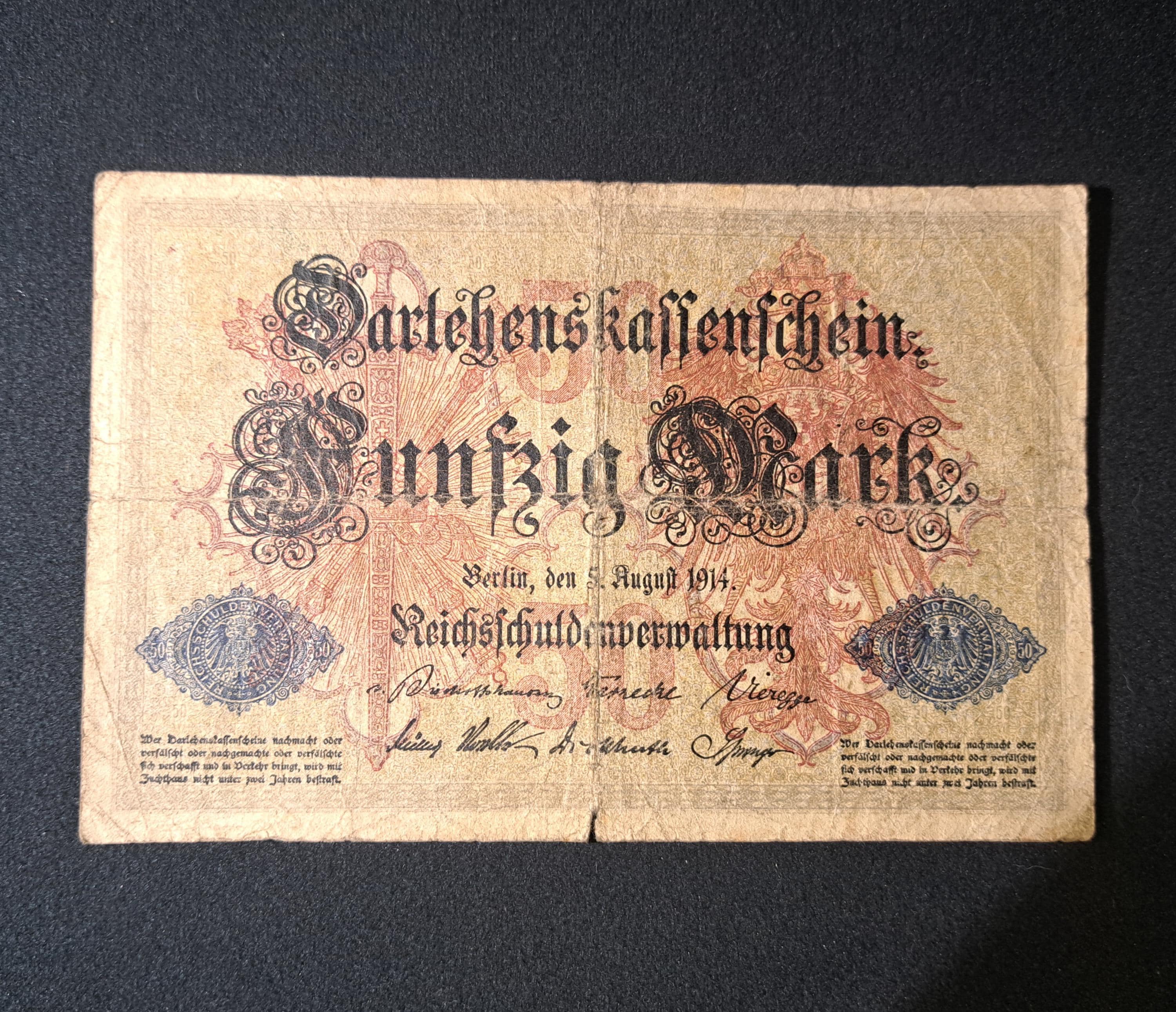 GERMANY 50 Mark Banknote; p-49 from 1914, Very Good, Rare 7 Digit Serial Number