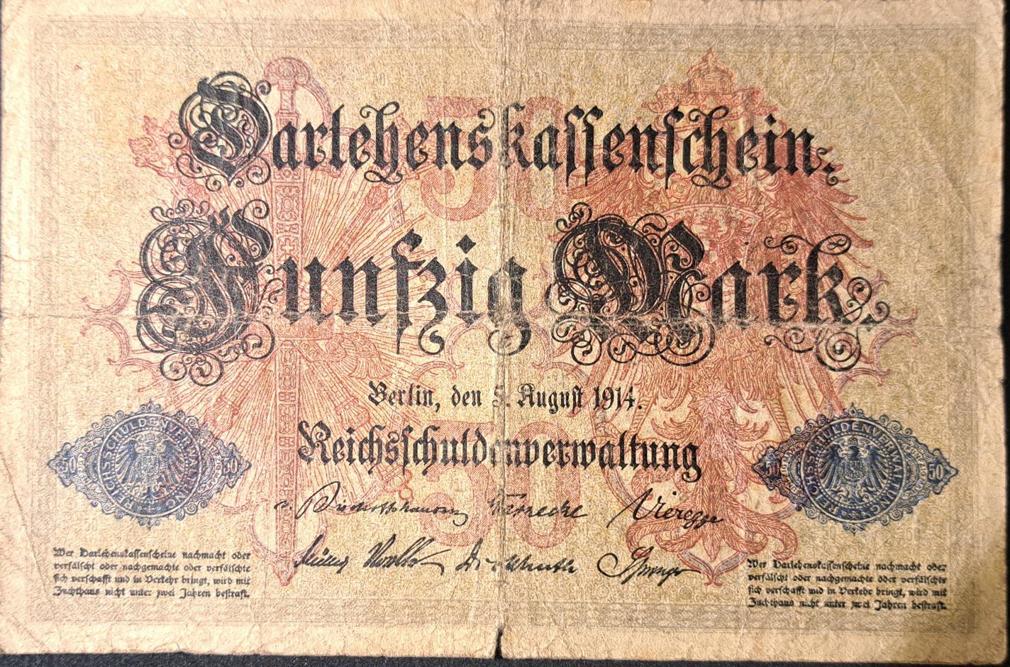 GERMANY 50 Mark Banknote; p-49 from 1914, Very Good, Rare 7 Digit Serial Number