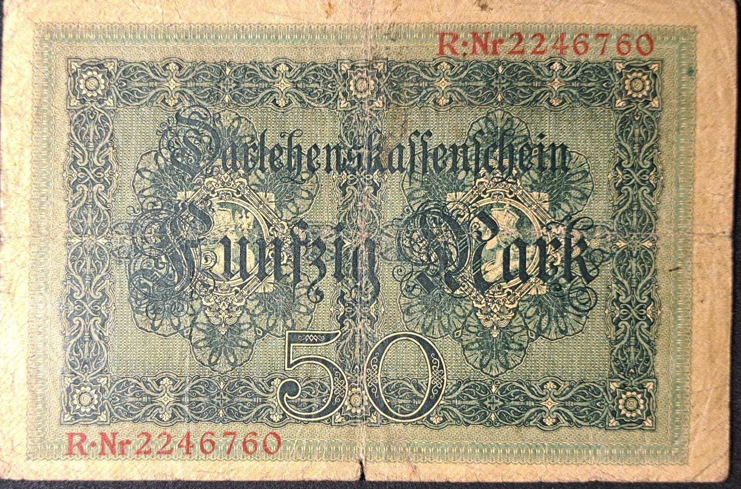 GERMANY 50 Mark Banknote; p-49 from 1914, Very Good, Rare 7 Digit Serial Number