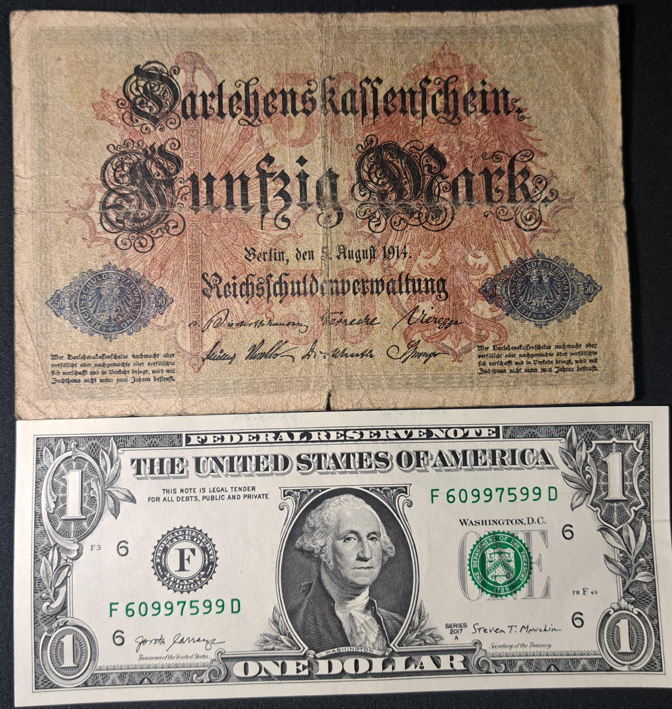 GERMANY 50 Mark Banknote; p-49 from 1914, Very Good, Rare 7 Digit Serial Number