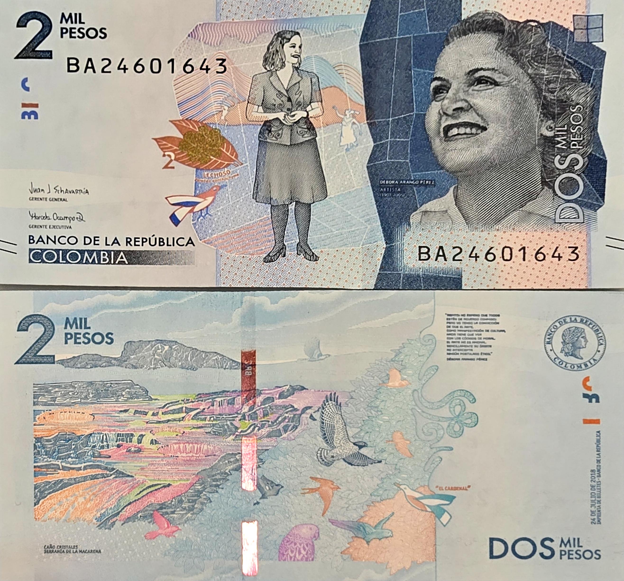 COLOMBIA 2000 Pesos B-993d, UNCIRCULATED, 2018; features birds; Debora Cristales